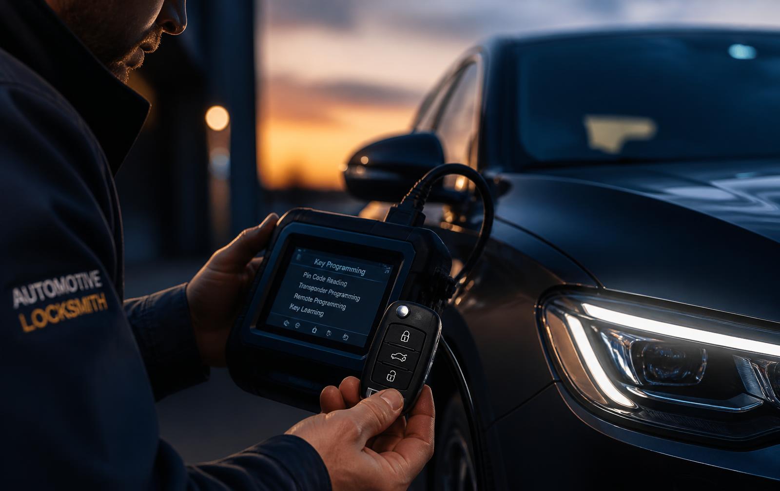 Automotive locksmith programming a car key fob beside a vehicle in Arlington, Texas